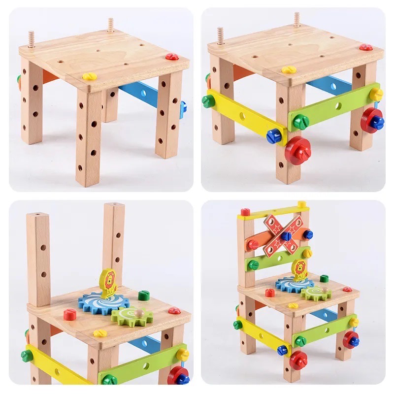 Montessori träbyggstol för barn – Pedagogisk arbetsstol med verktyg och byggdelar