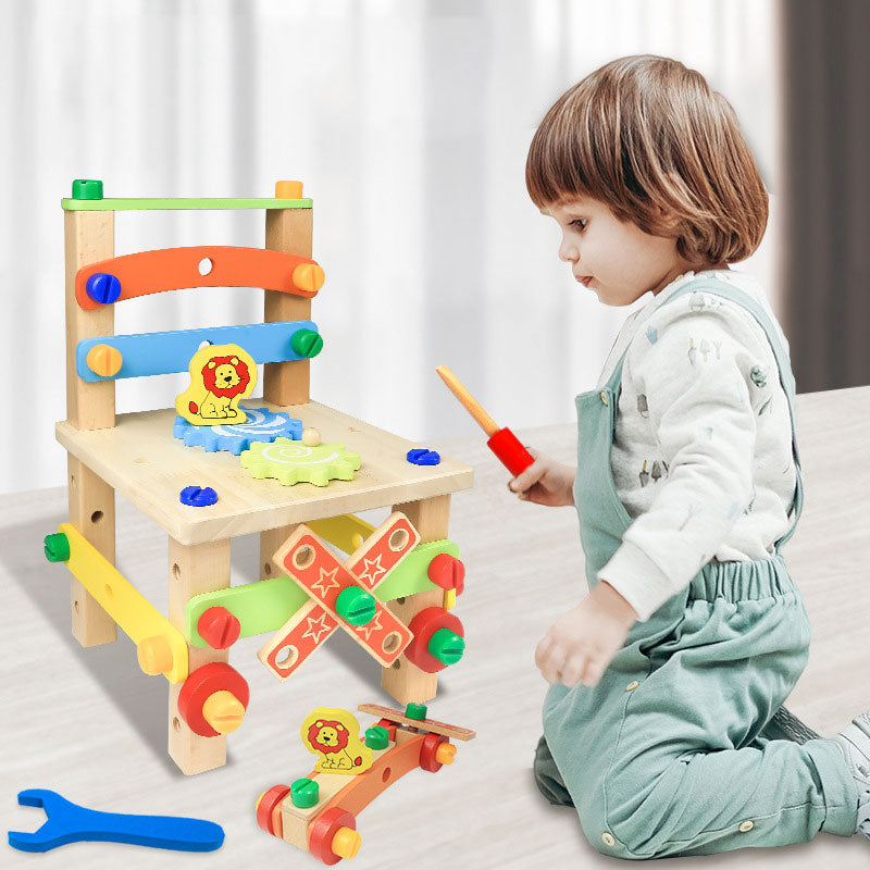 Montessori träbyggstol för barn – Pedagogisk arbetsstol med verktyg och byggdelar