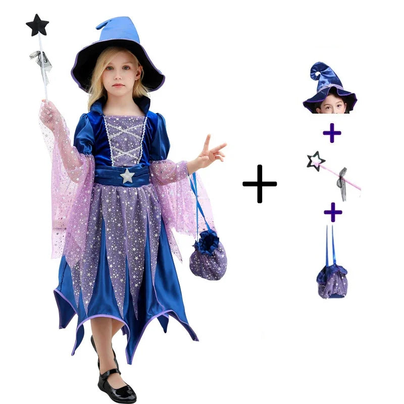 Häxdräkt – lila med hatt och kvast