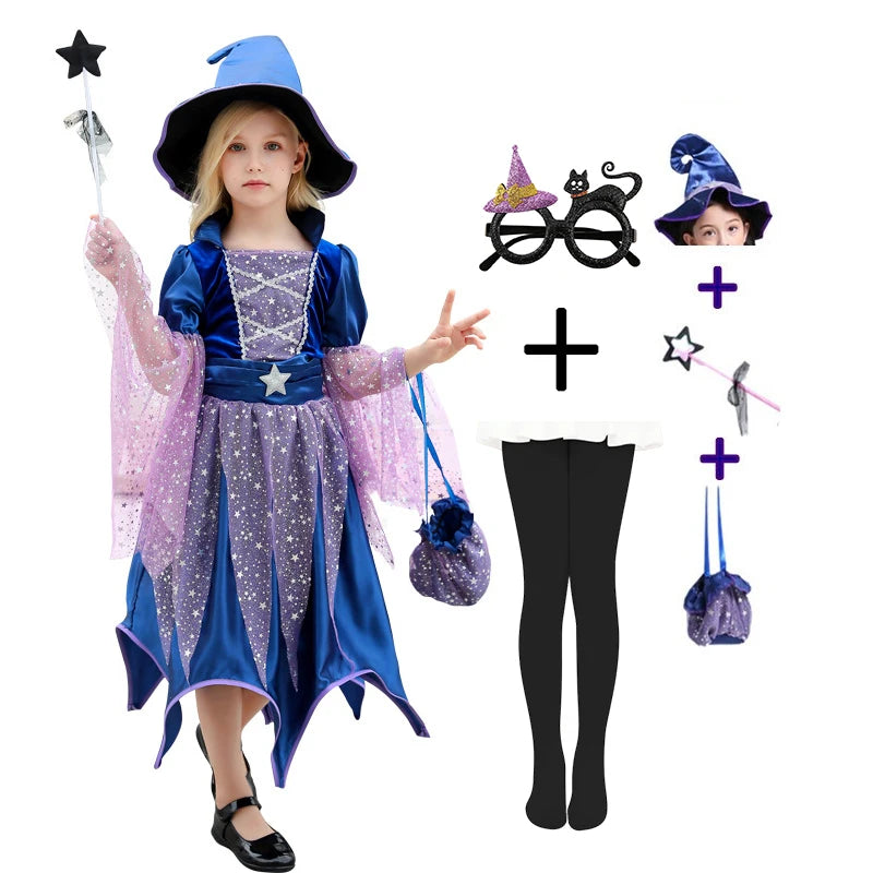 Häxdräkt – lila med hatt och kvast