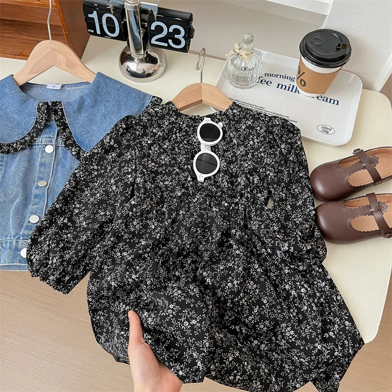 Jeansjacka med klänning för barn – blommigt tvådelat set