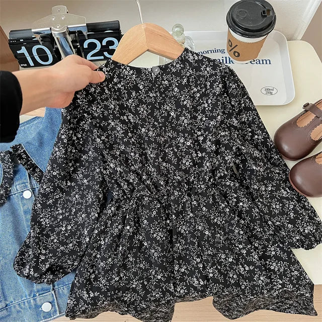 Jeansjacka med klänning för barn – blommigt tvådelat set