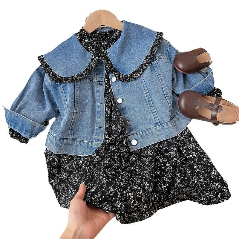 Jeansjacka med klänning för barn – blommigt tvådelat set