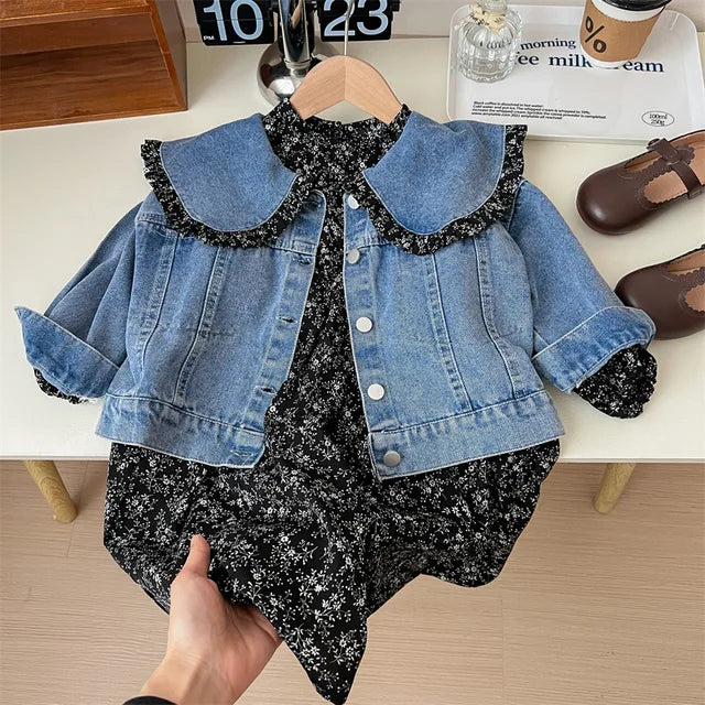 Jeansjacka med klänning för barn – blommigt tvådelat set