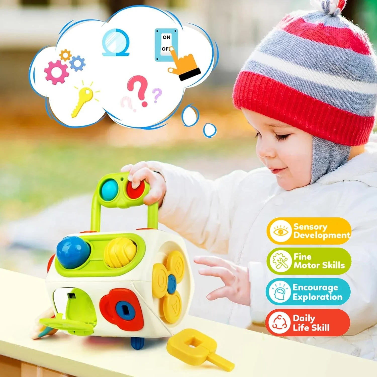 Sensorisk aktivitetskube för barn – Montessori-leksak som tränar motorik och koordination