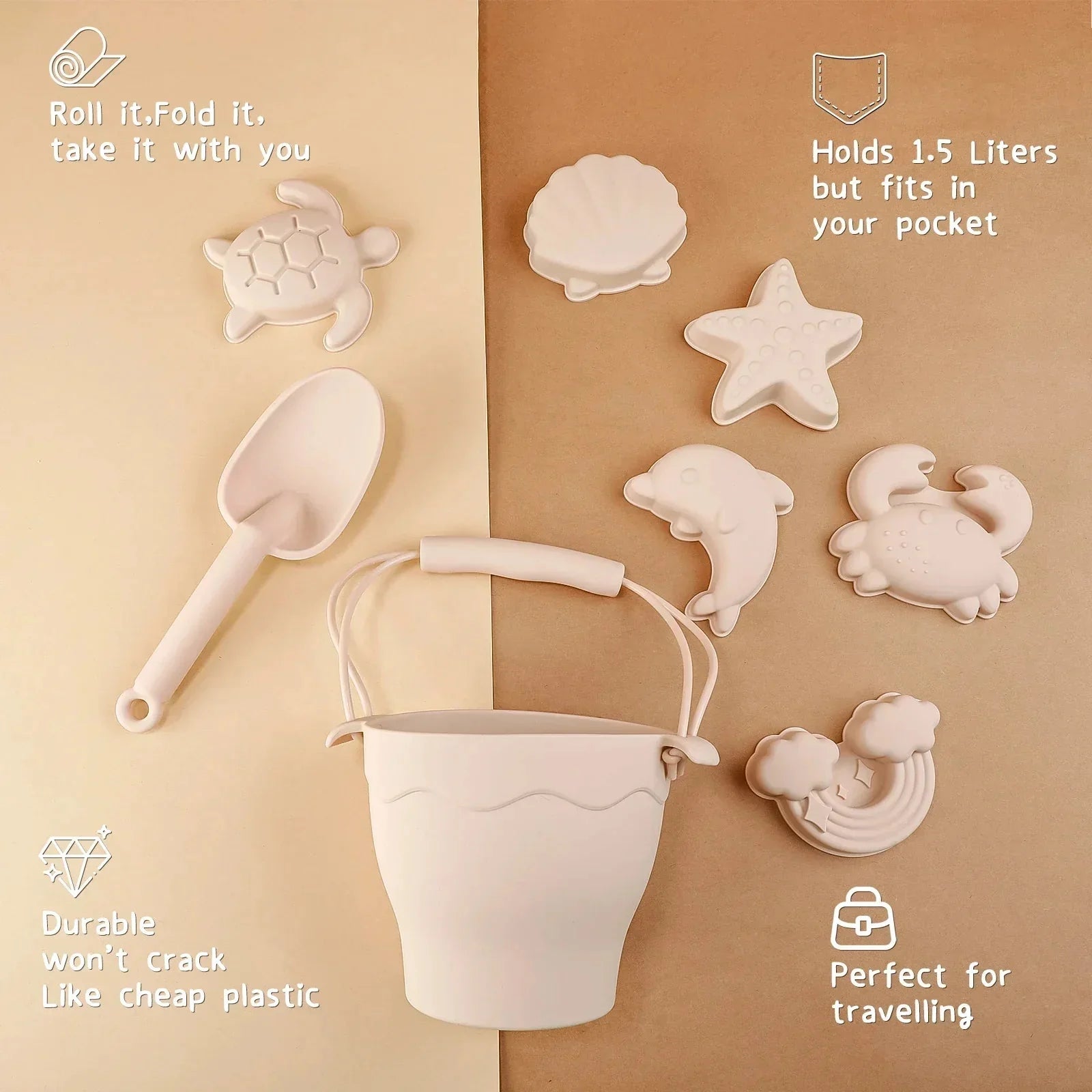 Silikon strandset för barn – Hållbart leksakset med hink, spade och sandformar