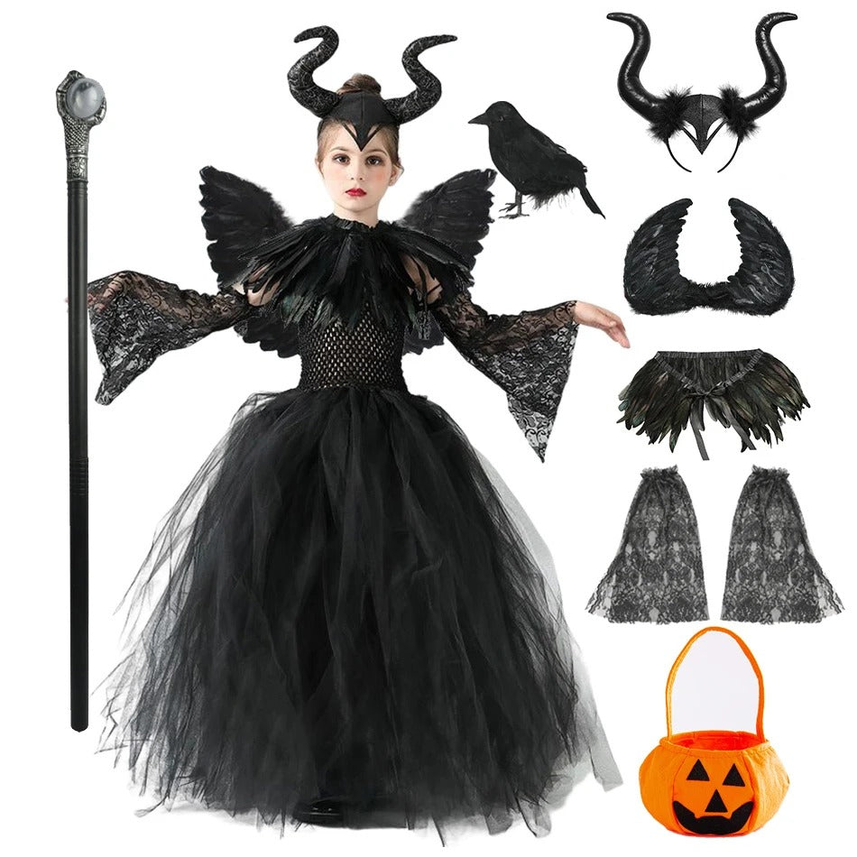 Halloween Maleficent Häxdräkt för Barn med Tyll