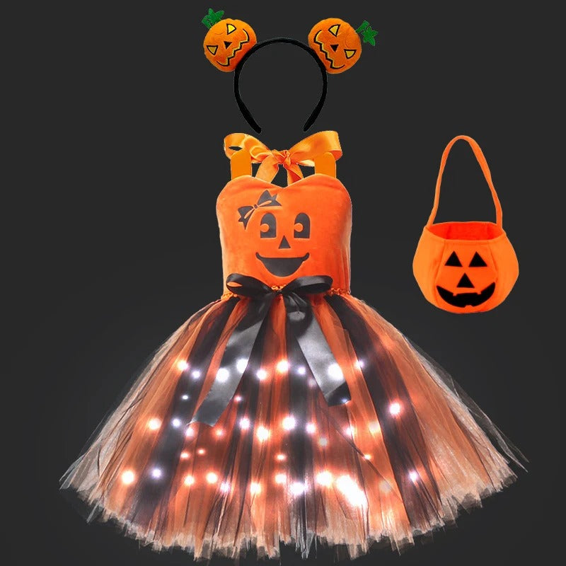 Barn orange häxklänning med LED-tyll