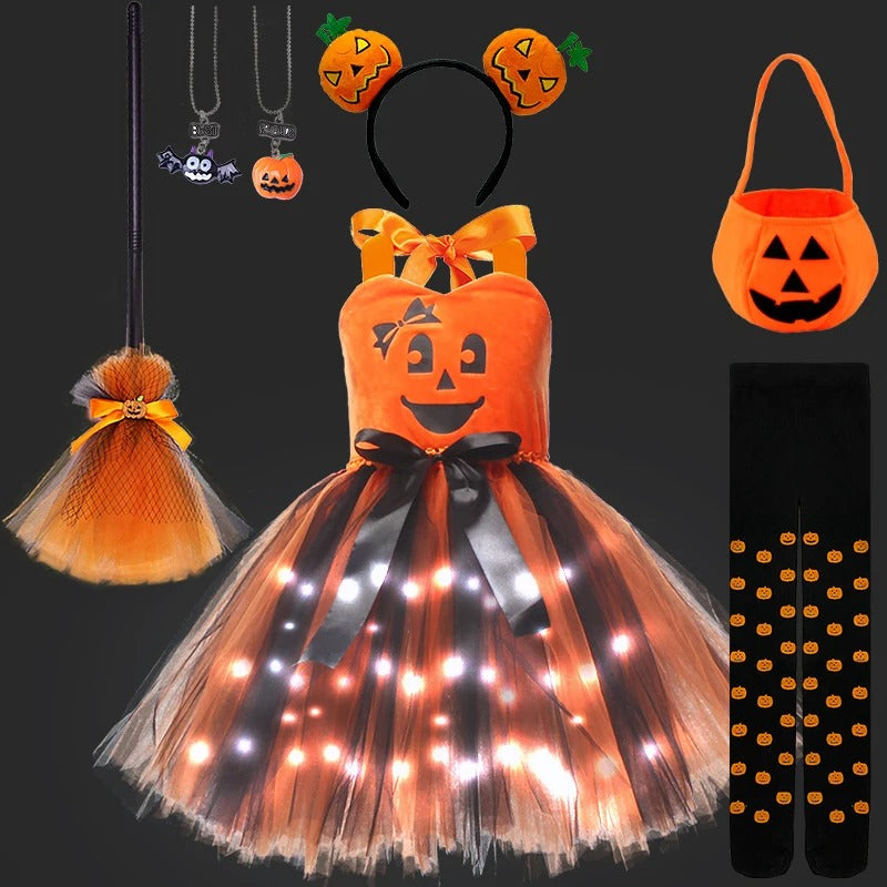 Barn orange häxklänning med LED-tyll
