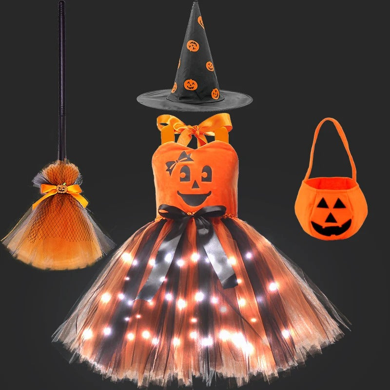 Barn orange häxklänning med LED-tyll