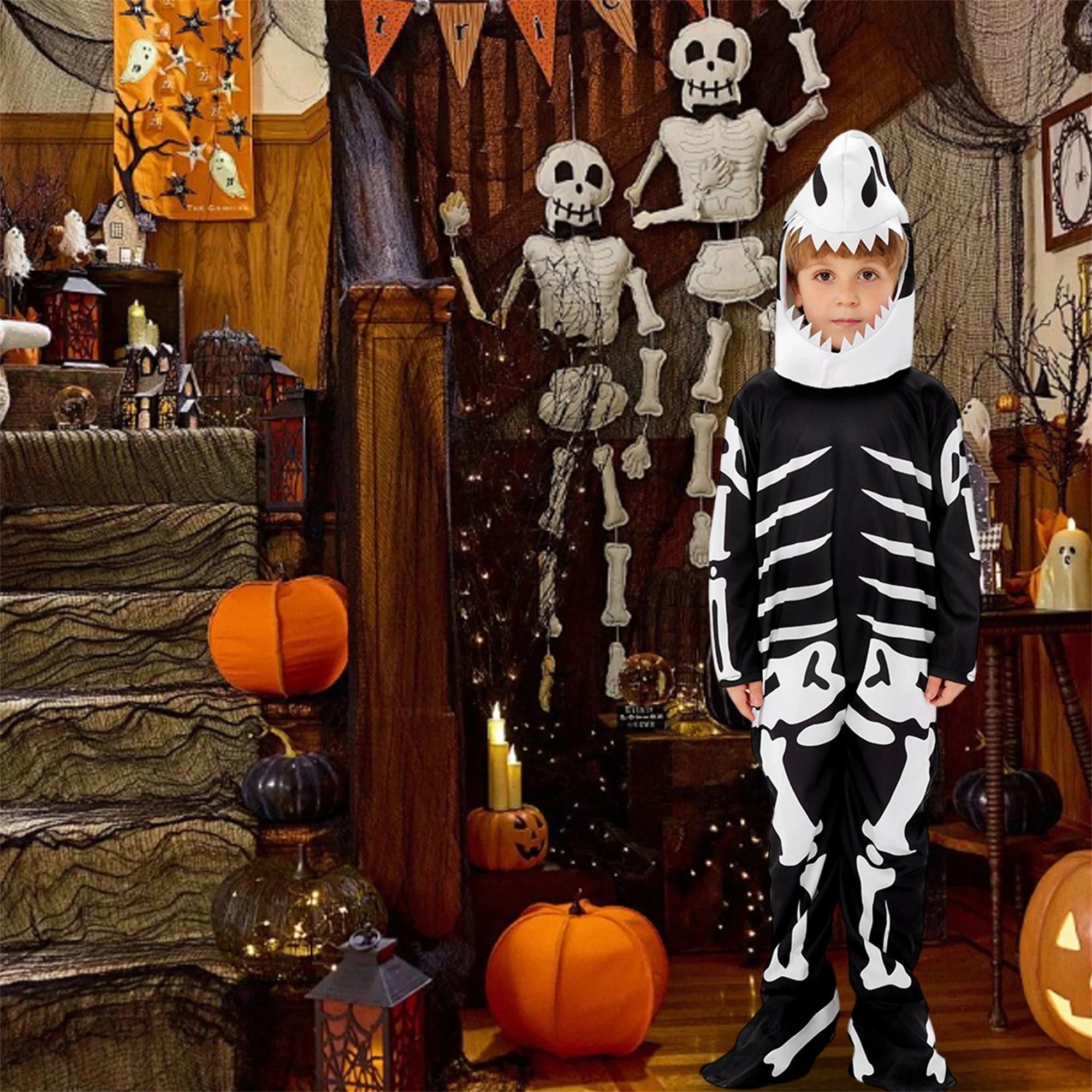 Barn halloween skelett-kostym med luva och mask