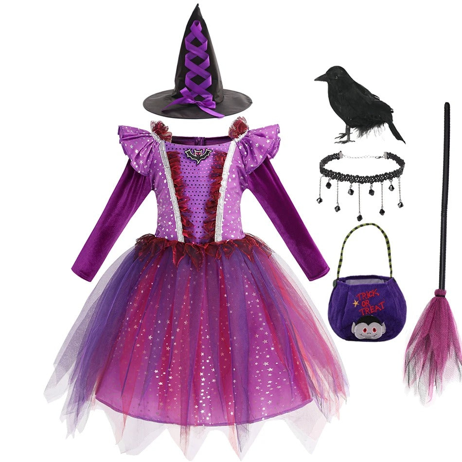 Barn Häxdräkt Halloween Lila Fladdermus Klänning