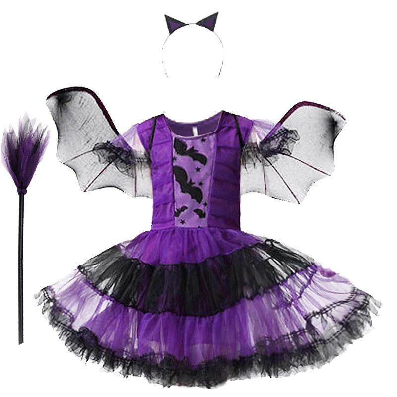 Flickor lila fladdermus halloween kostym med tillbehör