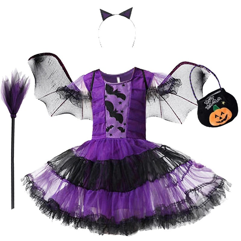 Flickor lila fladdermus halloween kostym med tillbehör
