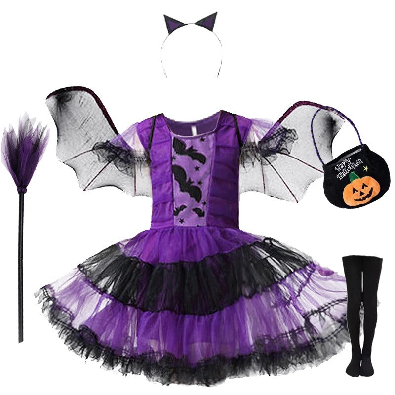 Flickor lila fladdermus halloween kostym med tillbehör