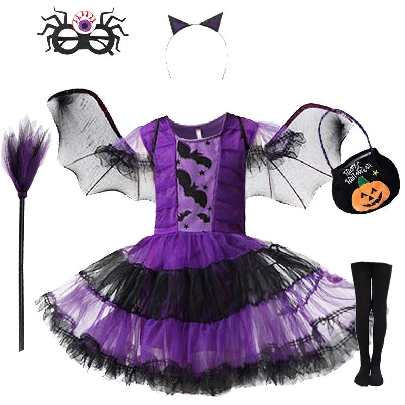 Flickor lila fladdermus halloween kostym med tillbehör