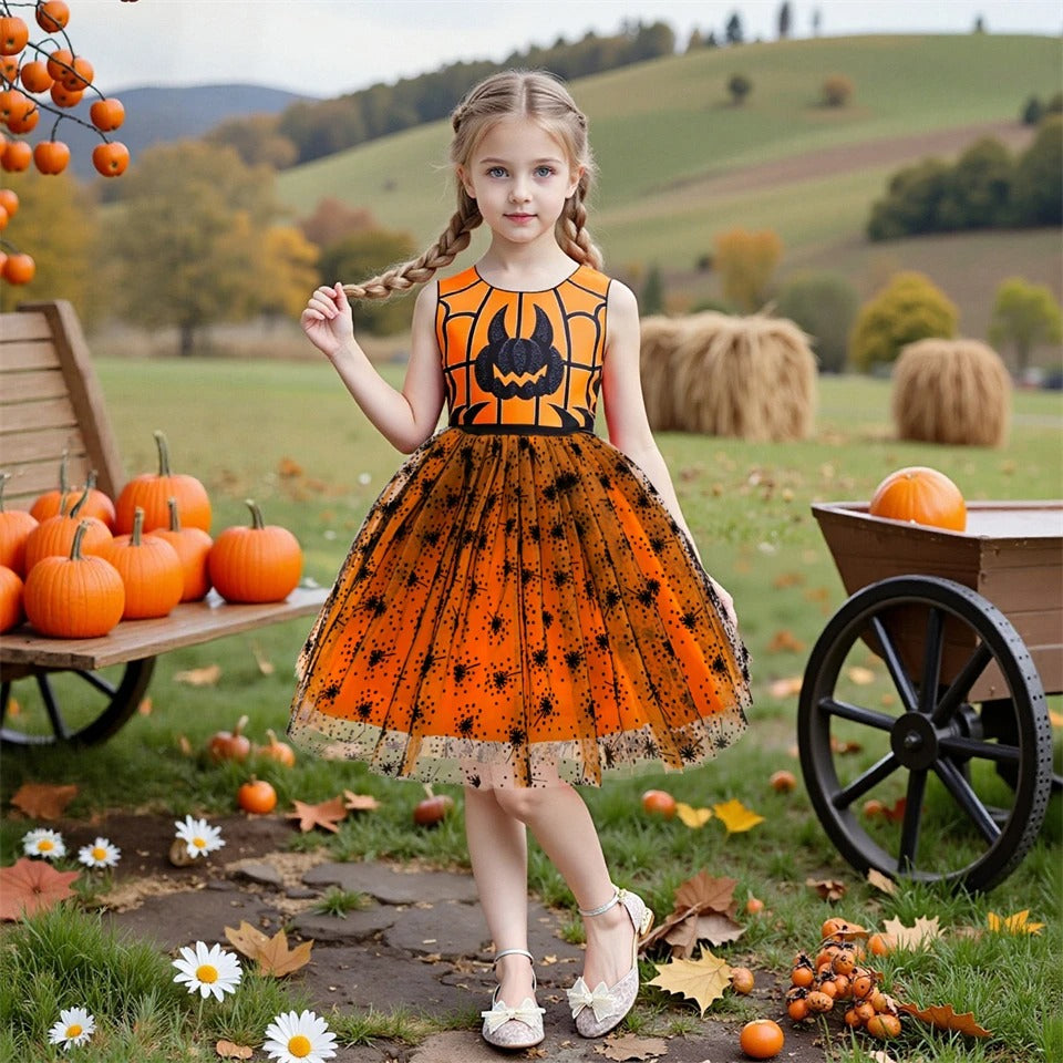 Flickors Halloween Pumpa Häxklänning Fluffig Tyll