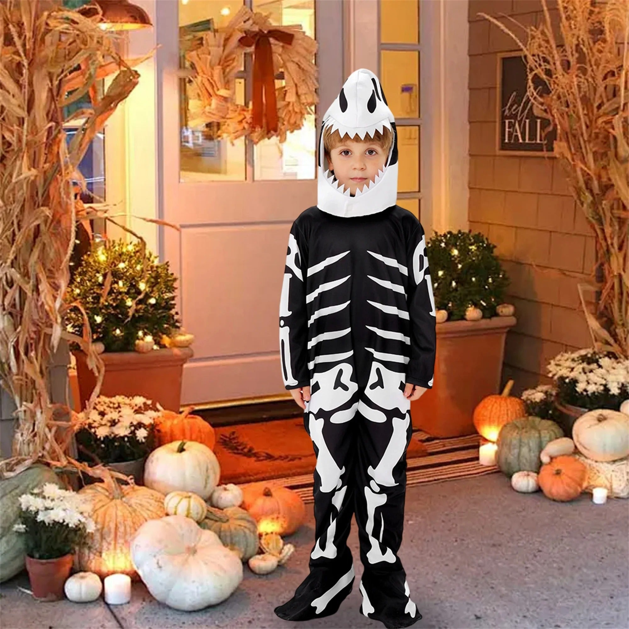 Barn halloween skelett-kostym med luva och mask