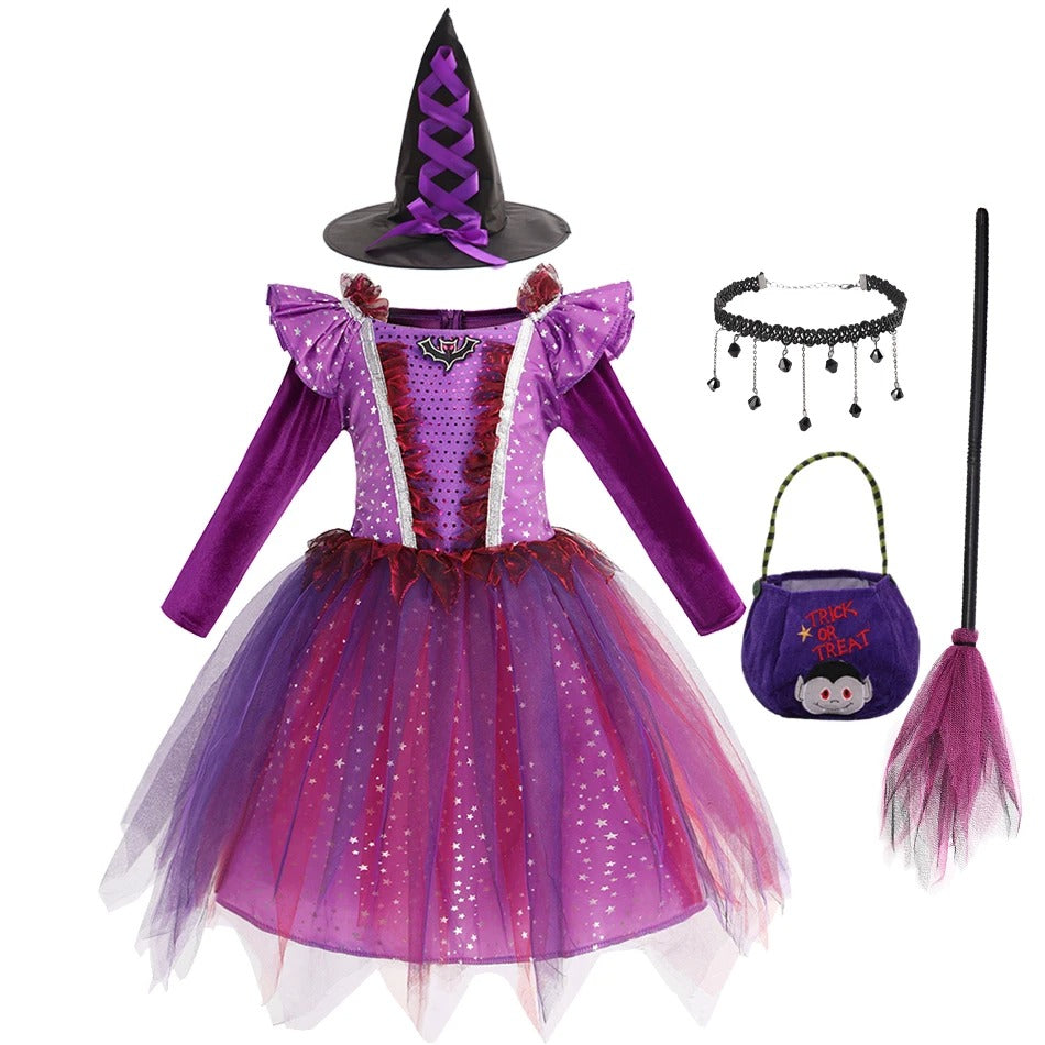 Barn Häxdräkt Halloween Lila Fladdermus Klänning