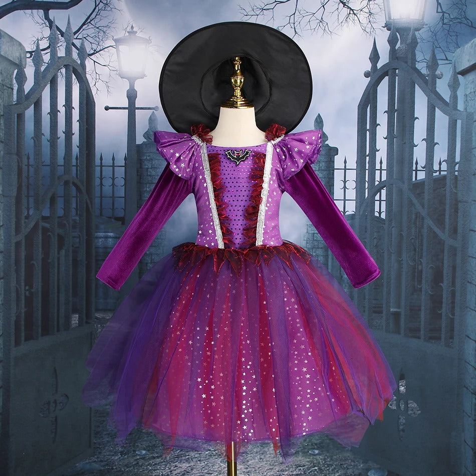 Barn Häxdräkt Halloween Lila Fladdermus Klänning