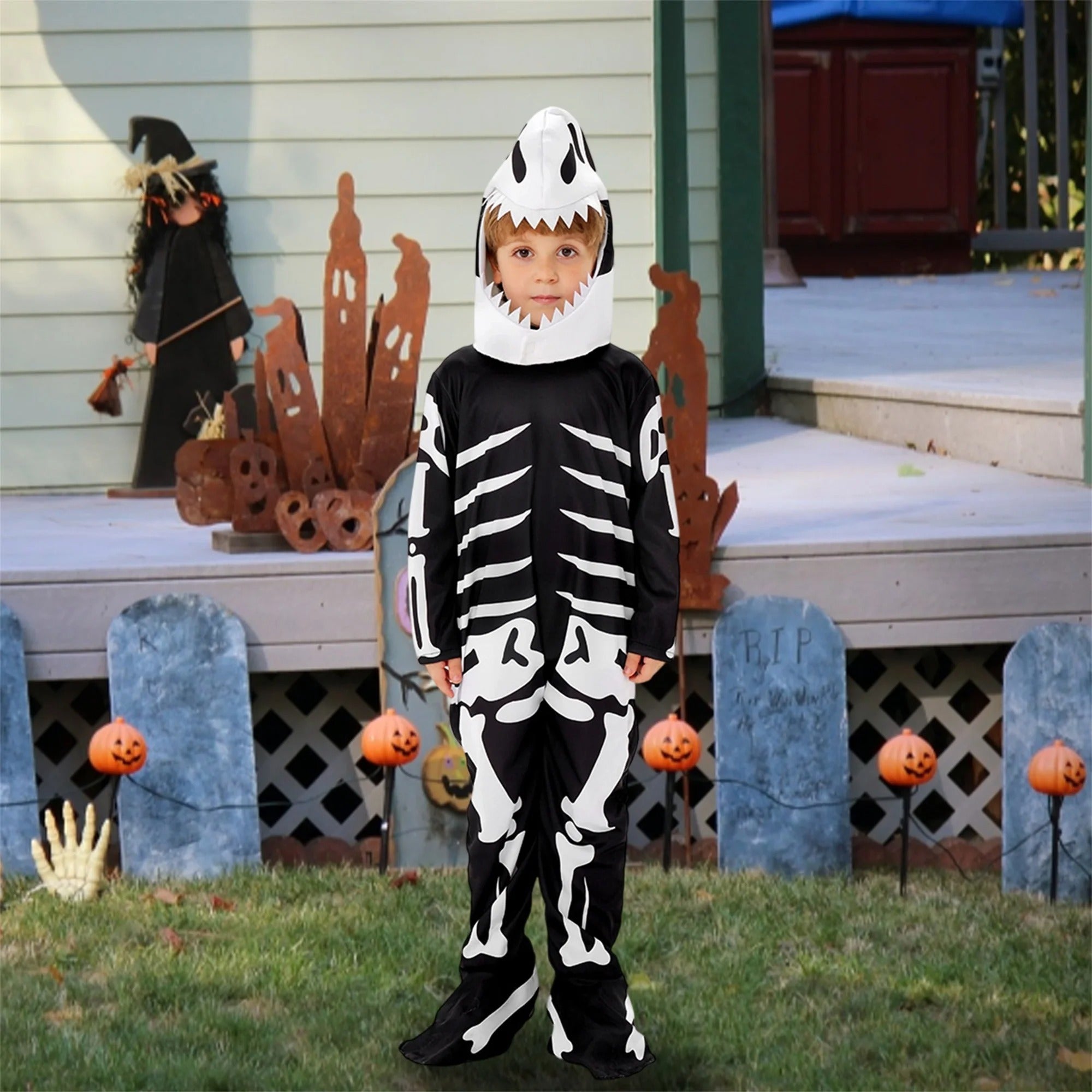 Barn halloween skelett-kostym med luva och mask