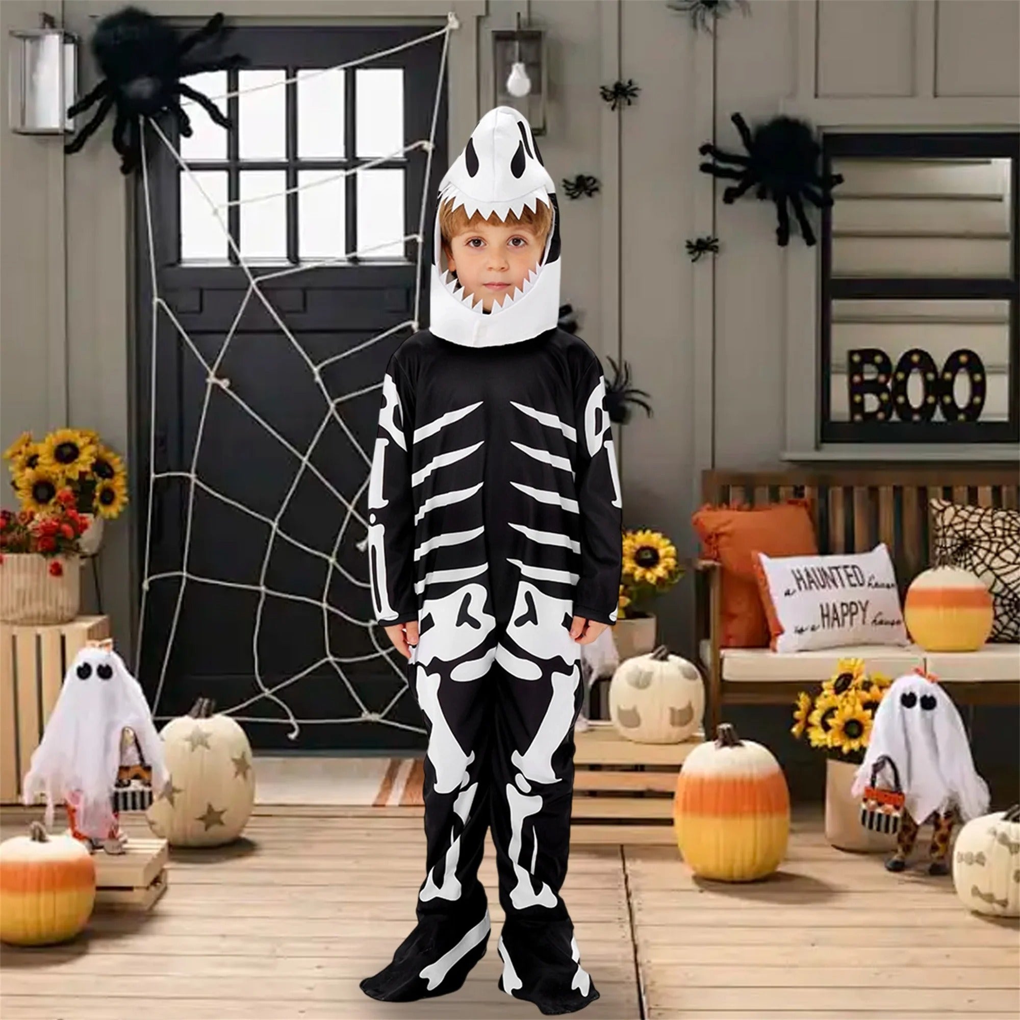 Barn halloween skelett-kostym med luva och mask