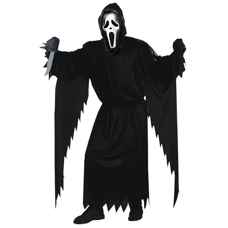 Halloweenkostym – Ghost Face-dräkt med mask och bälte, skrämmande klassiker