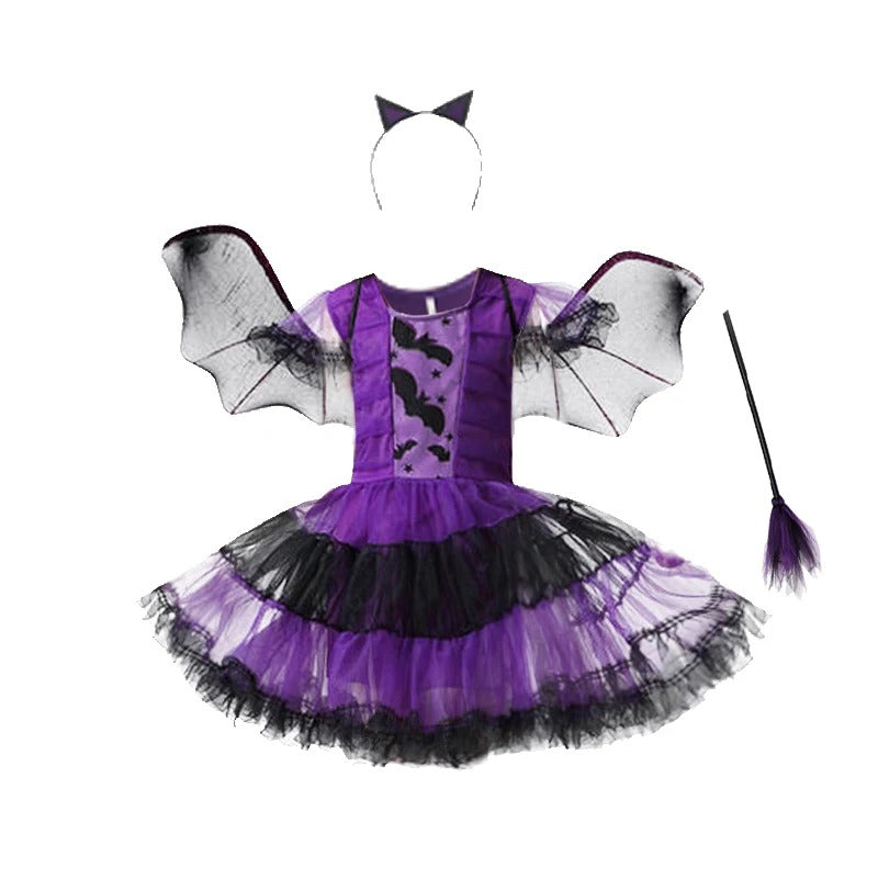 Flickor lila fladdermus halloween kostym med tillbehör
