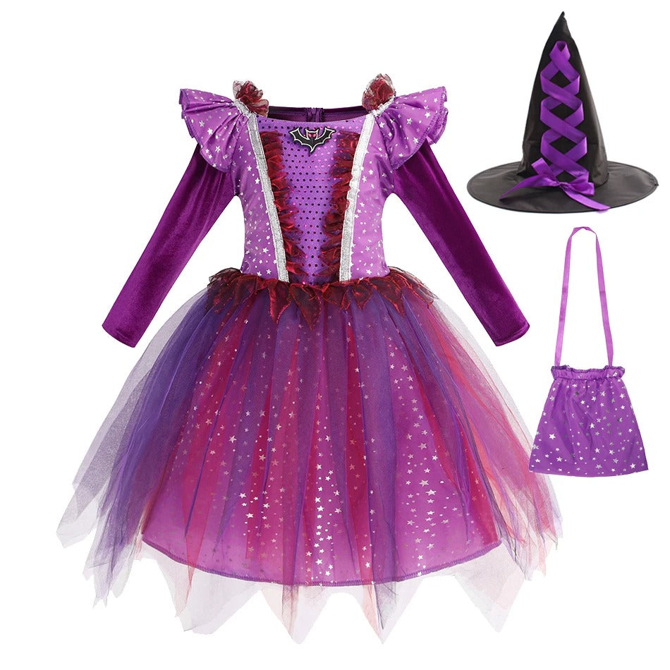 Barn Häxdräkt Halloween Lila Fladdermus Klänning