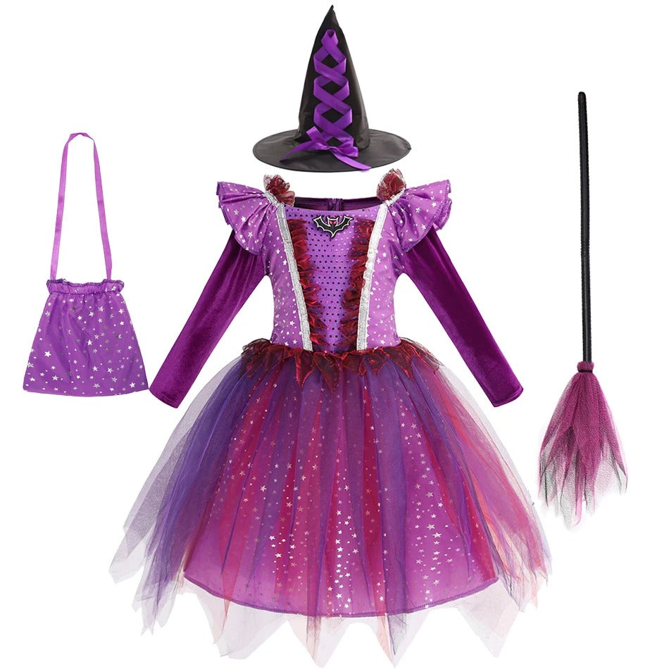 Barn Häxdräkt Halloween Lila Fladdermus Klänning