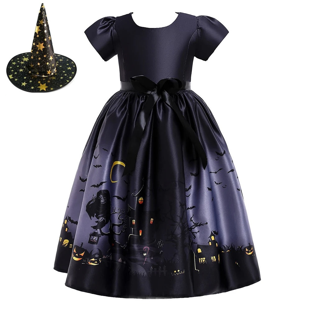 Barns Svart Halloween Häxdräkt Vampyr Prinsessklänning Maskerad