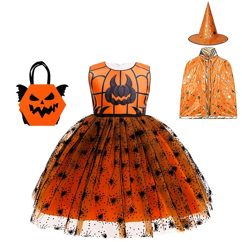 Flickors Halloween Pumpa Häxklänning Fluffig Tyll