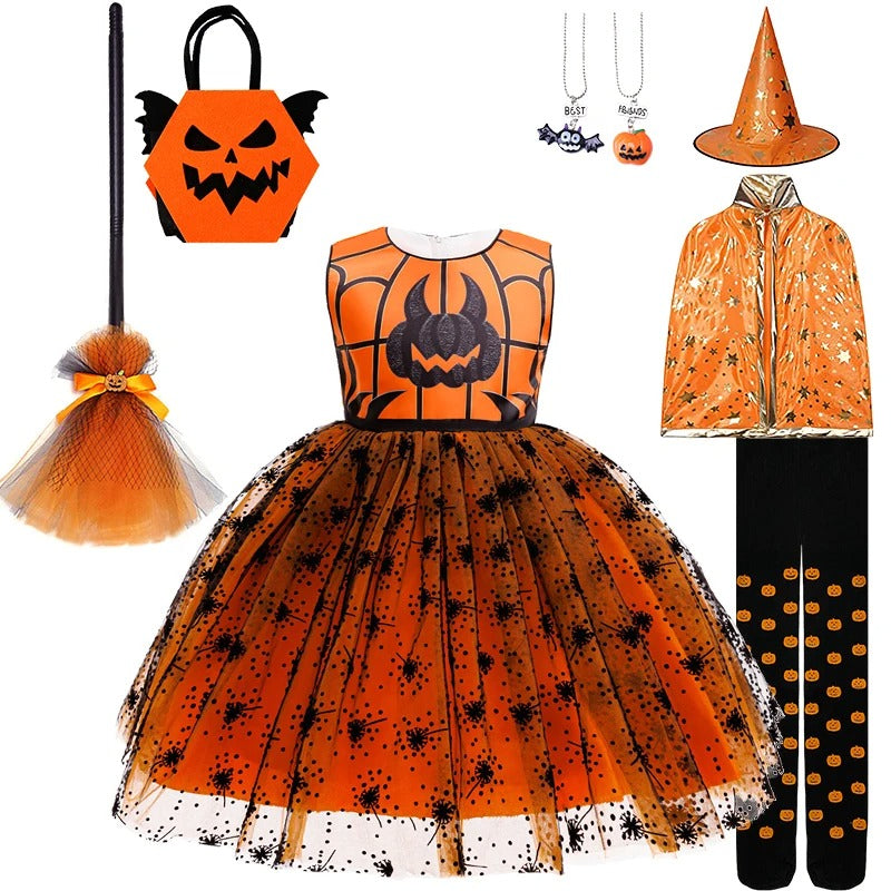 Flickors Halloween Pumpa Häxklänning Fluffig Tyll
